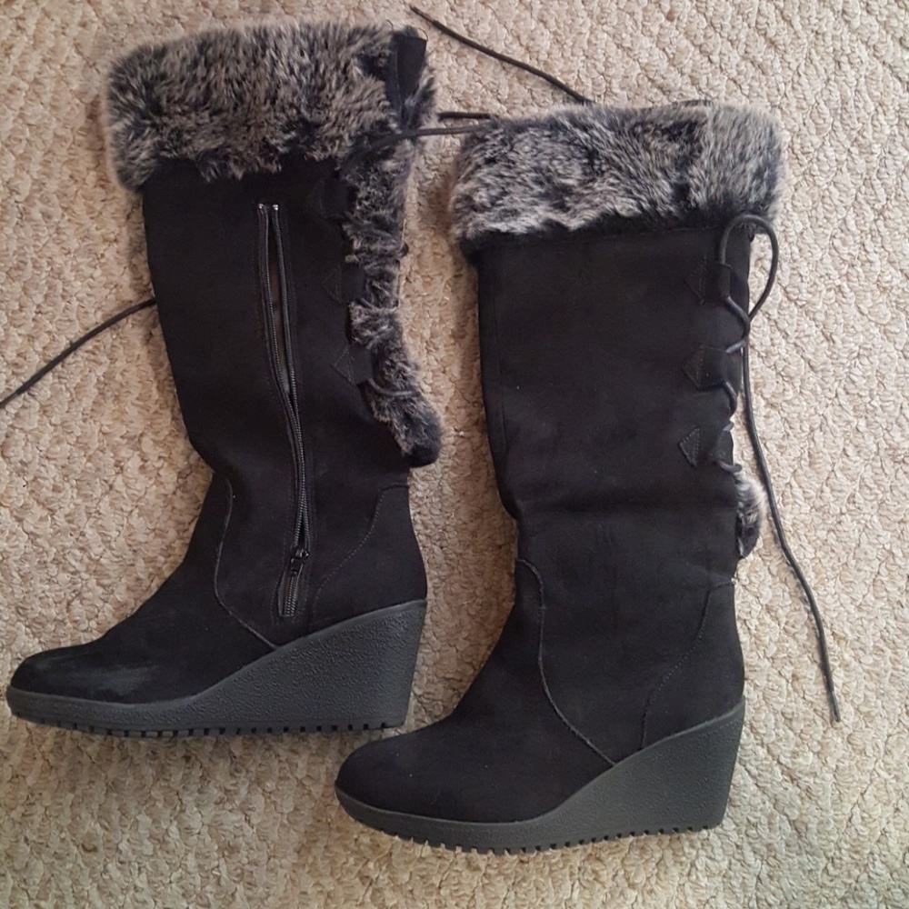 Black Suede Knee Wedge Boots